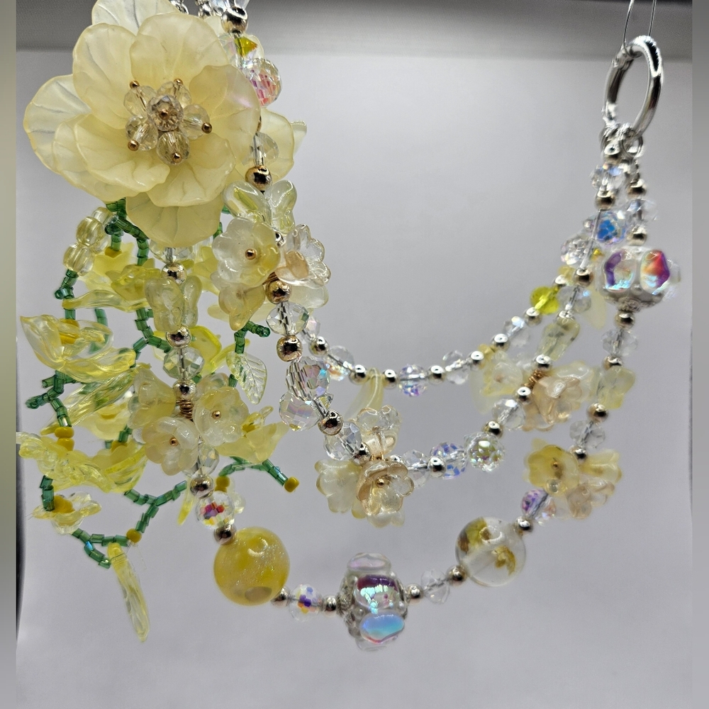 Floral Beaded Triple Bag Chain Or Phone Chain Wristlet with Silver Accents.